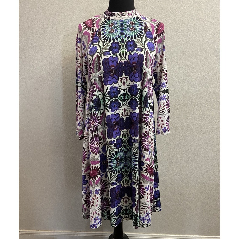 Free People Fiesta Floral Swing Dress‎ Retro Boho Size Small 3/4 Sleeve Keyhole